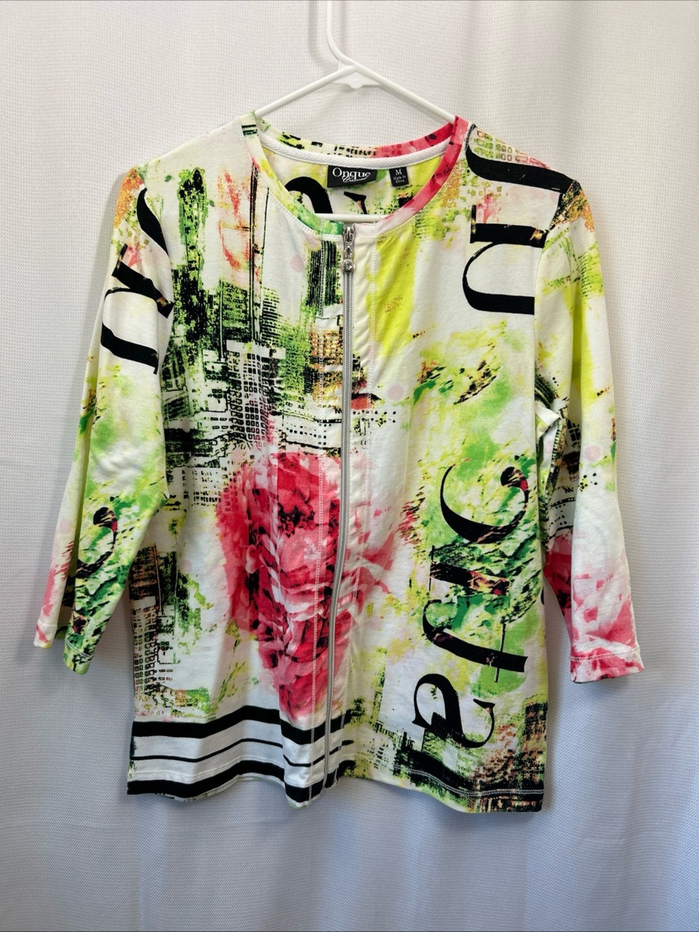 Onque Casuals Women's Zip-Front Floral Top in White,‎ Pink & Green 3/4 Sleeves